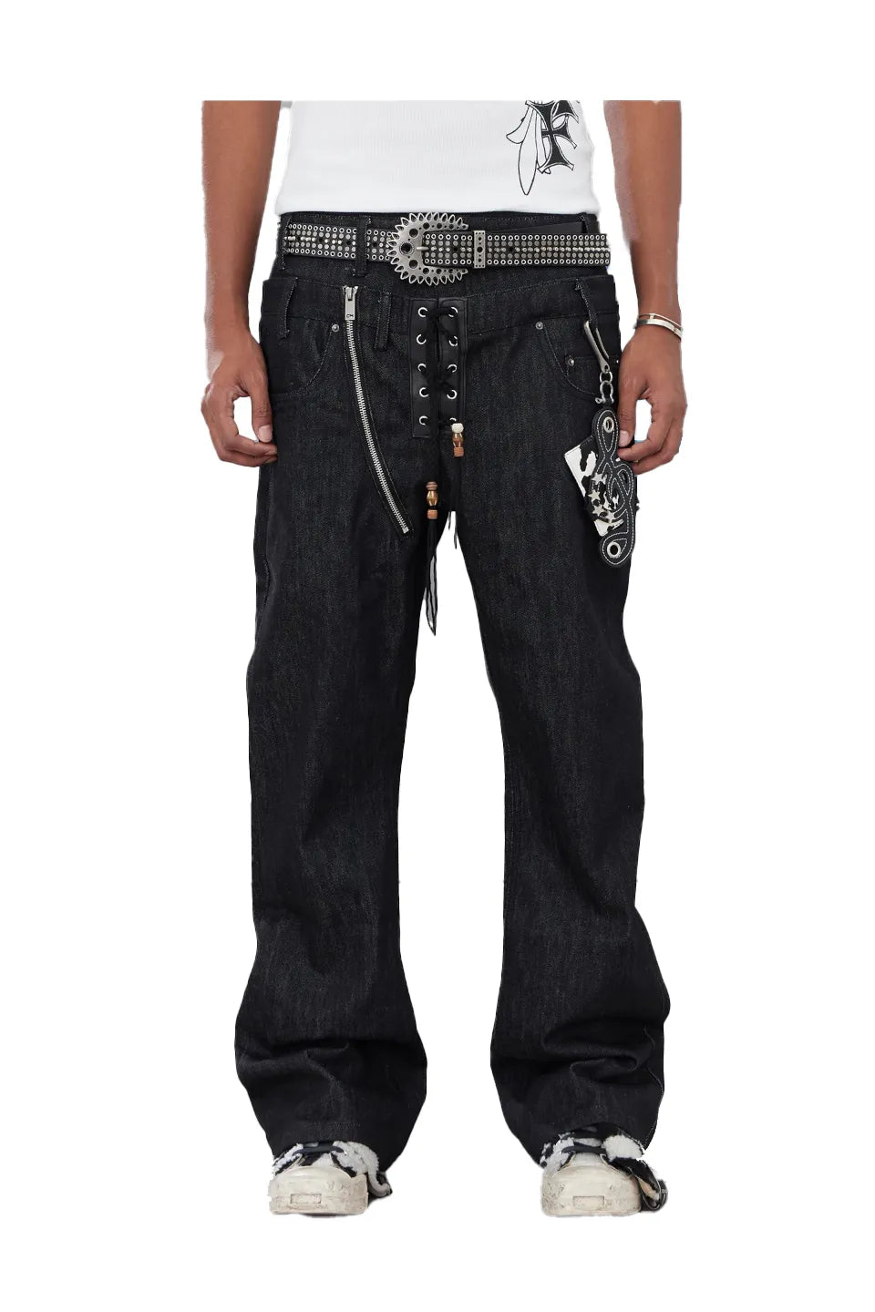 Slanted Zipper Lace Up Double Waistband Raw Jeans