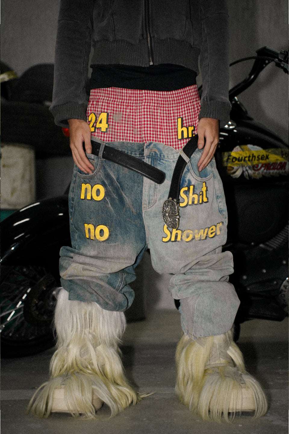 Slogan Patchwork Double Waist Washed Distressed Denim Pants