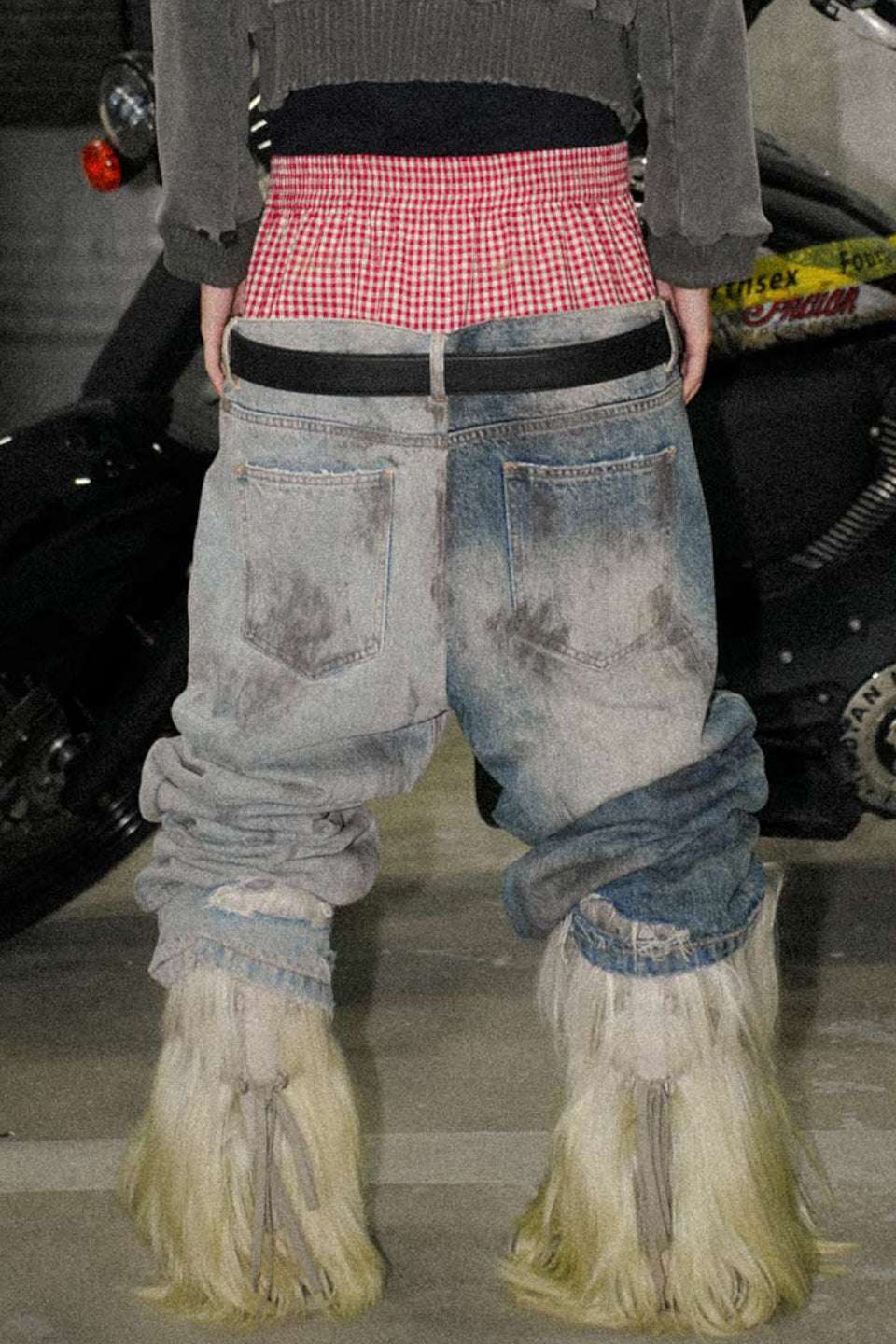 Slogan Patchwork Double Waist Washed Distressed Denim Pants