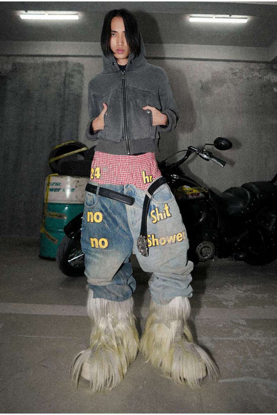 Slogan Patchwork Double Waist Washed Distressed Denim Pants