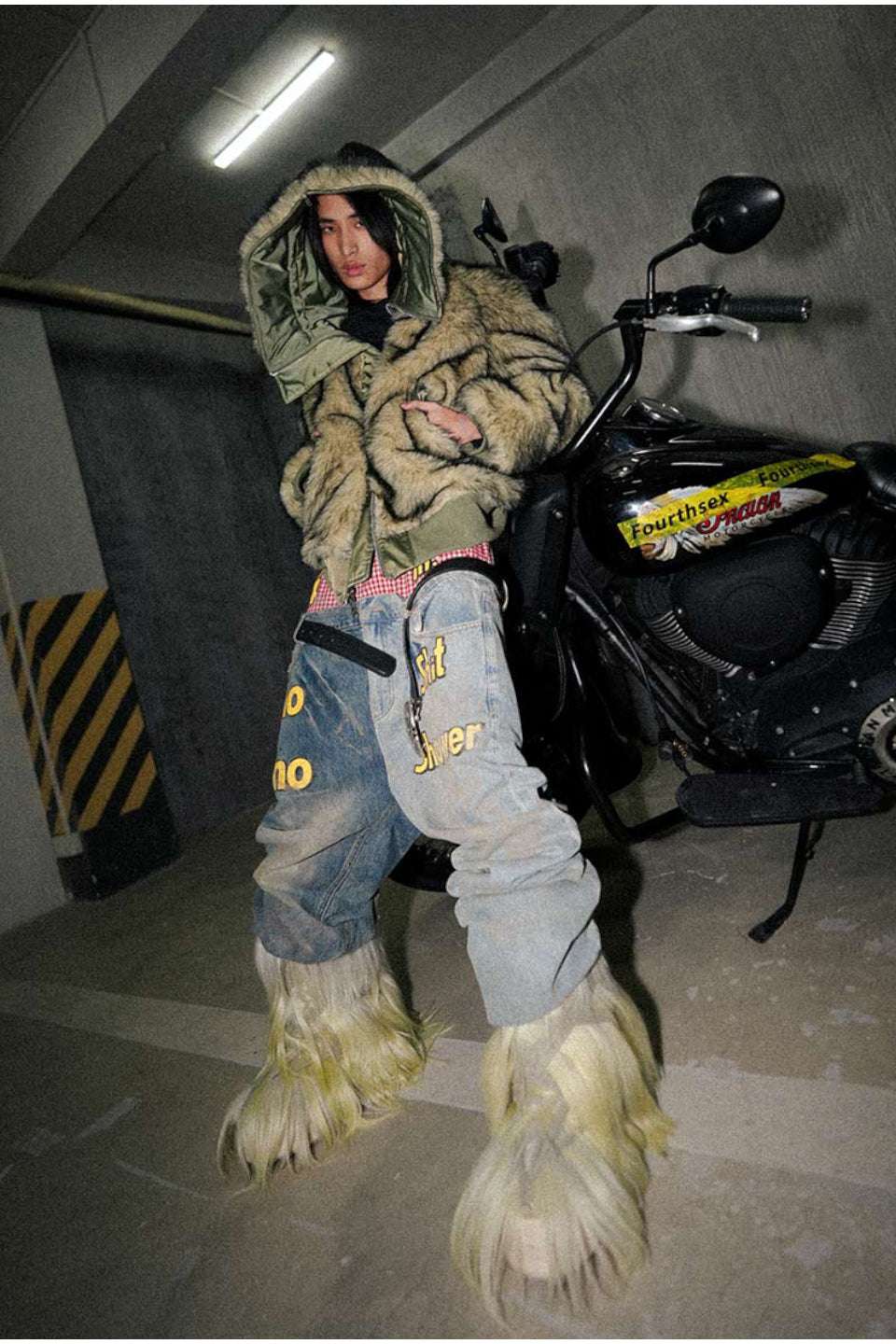 Slogan Patchwork Double Waist Washed Distressed Denim Pants