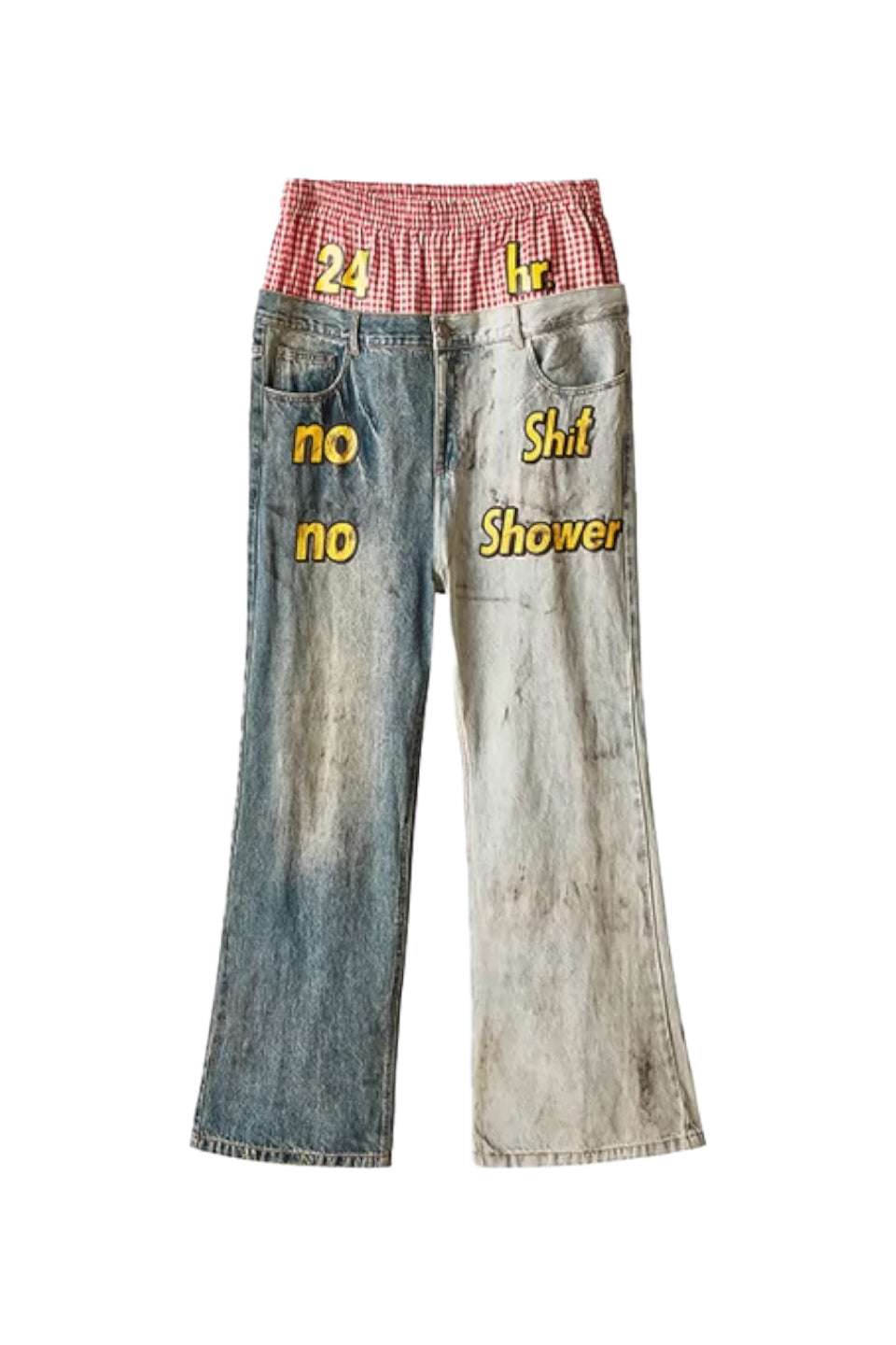 Slogan Patchwork Double Waist Washed Distressed Denim Pants