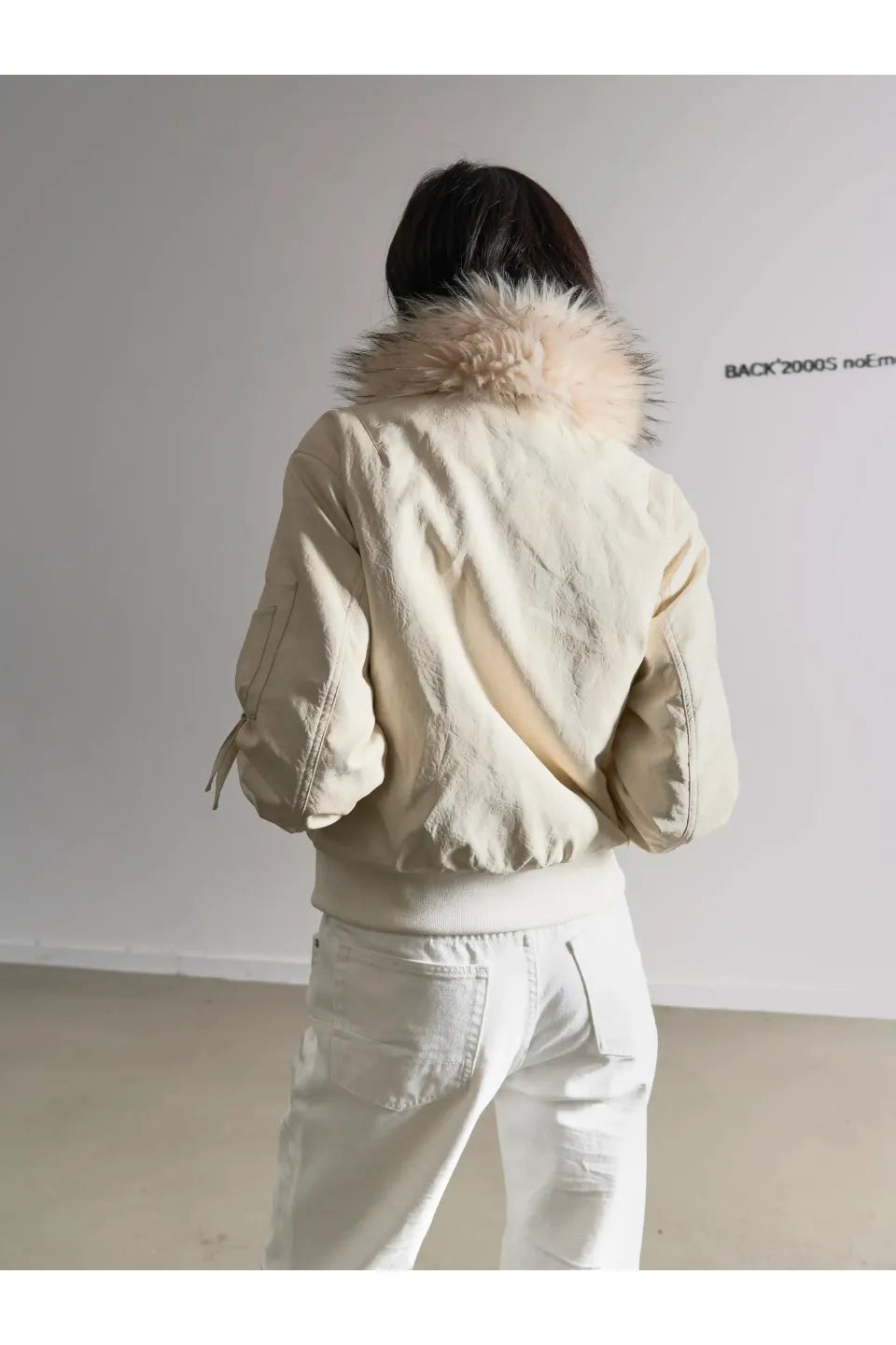 Snow White Rubbed Leather Detachable Fur Short MA-1 Cotton Jacket