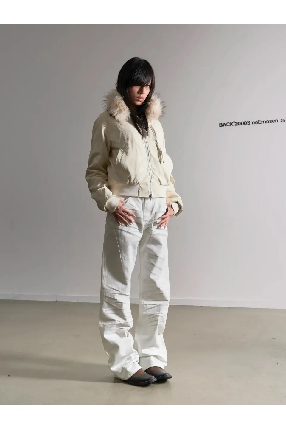 Snow White Rubbed Leather Detachable Fur Short MA-1 Cotton Jacket