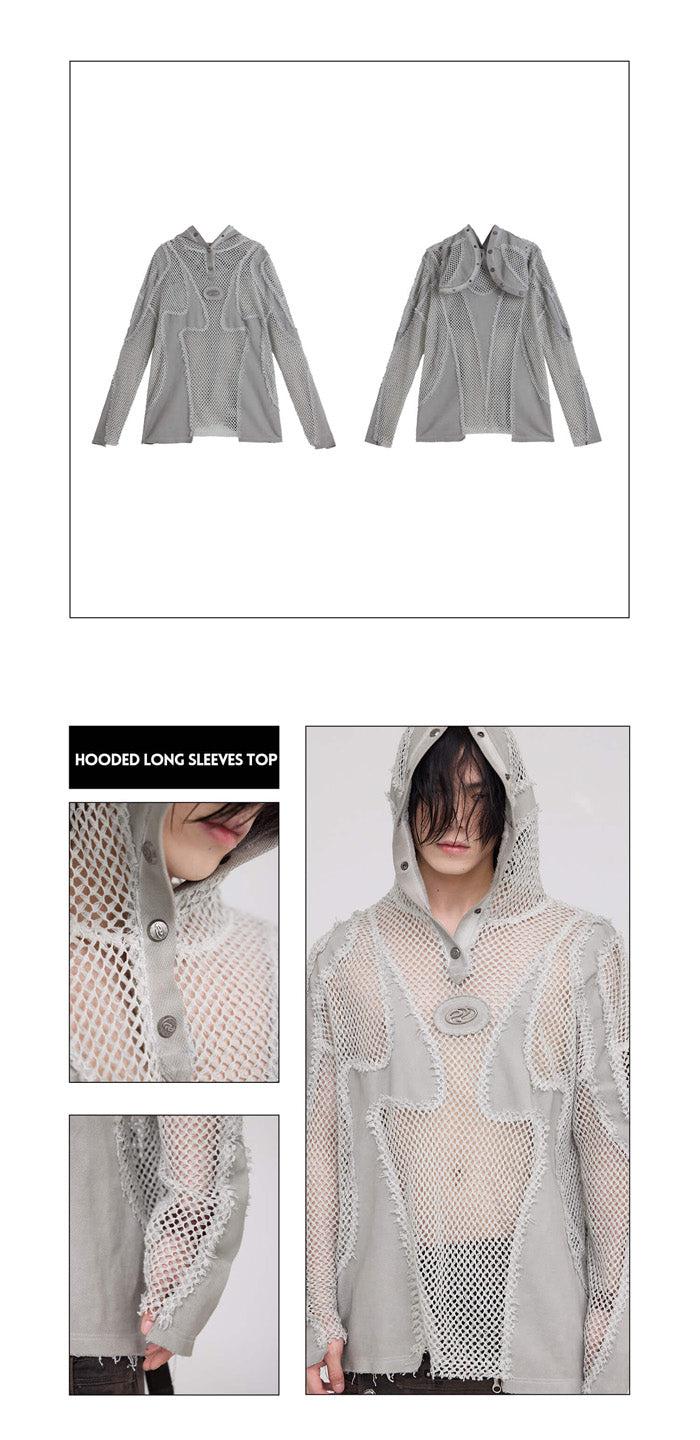 Split Mesh Hooded Long Sleeves Top