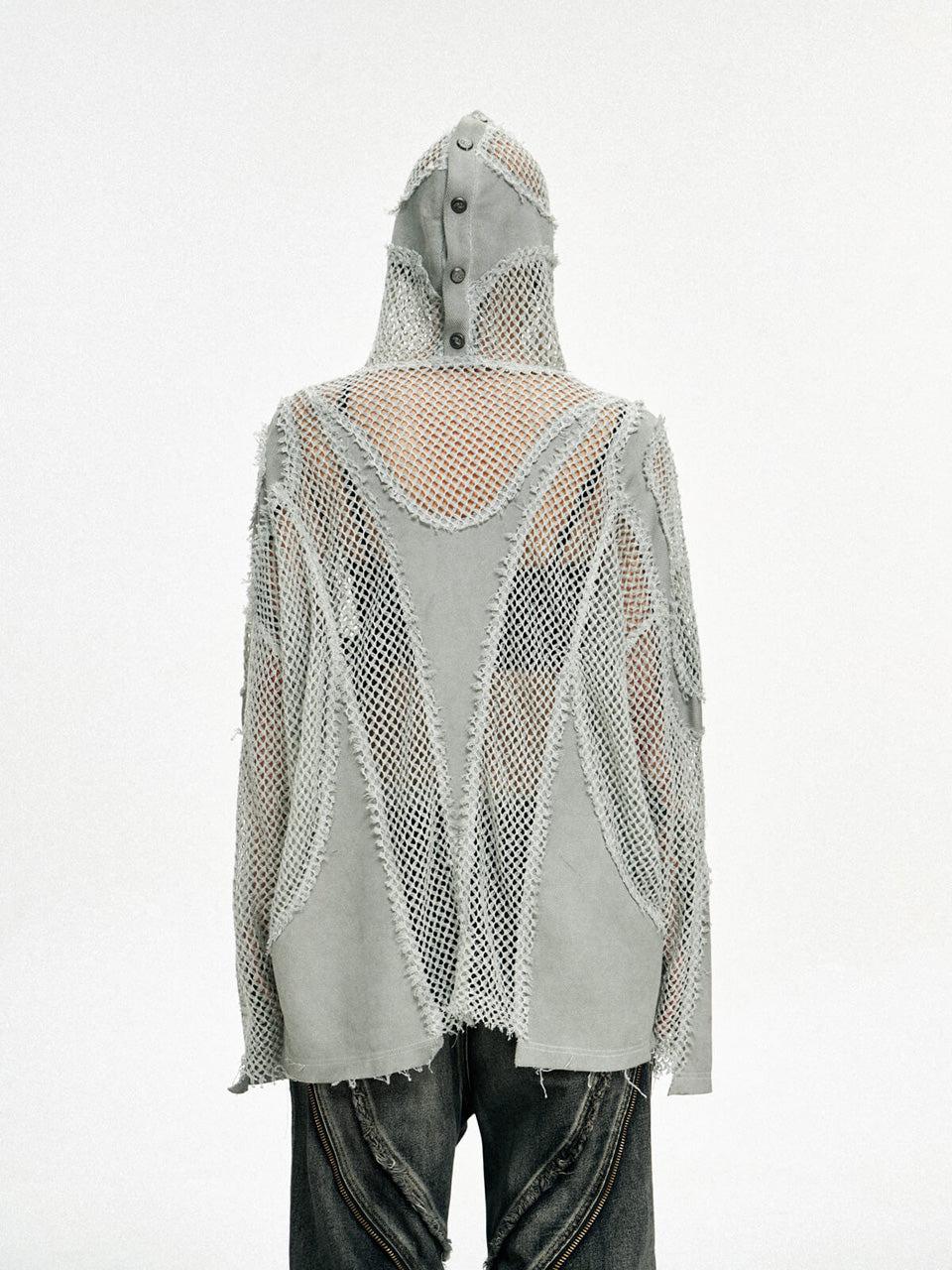 Split Mesh Hooded Long Sleeves Top