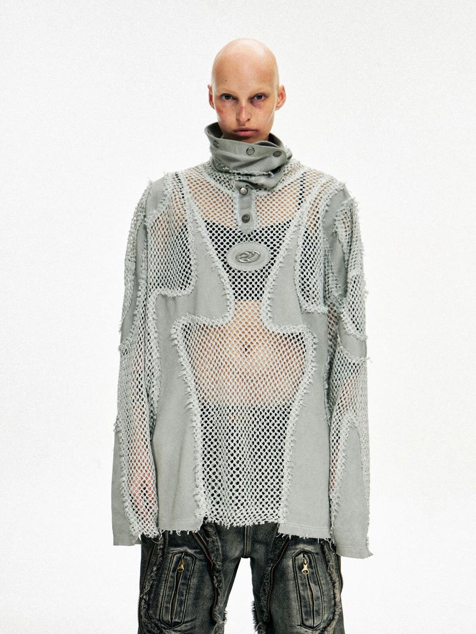 Split Mesh Hooded Long Sleeves Top