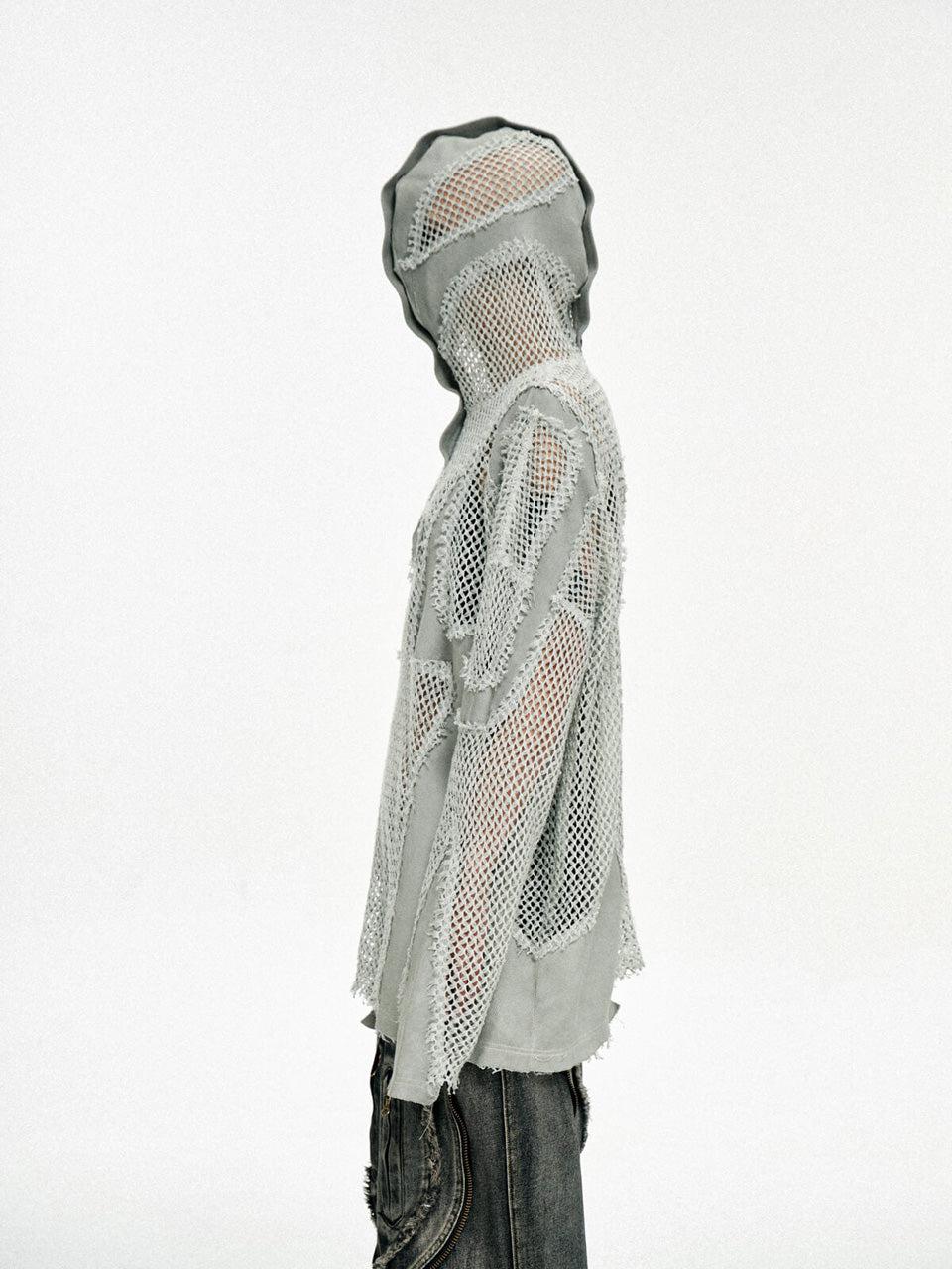 Split Mesh Hooded Long Sleeves Top
