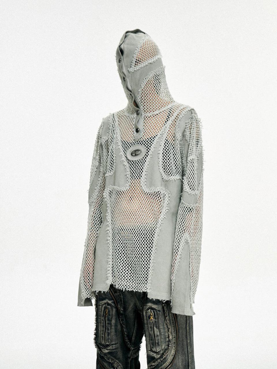 Split Mesh Hooded Long Sleeves Top