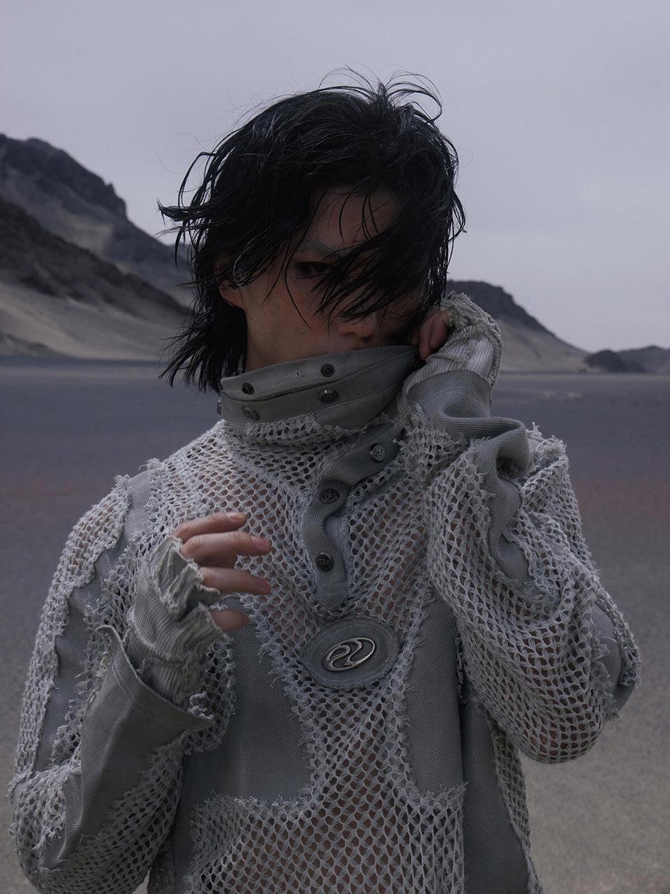 Split Mesh Hooded Long Sleeves Top