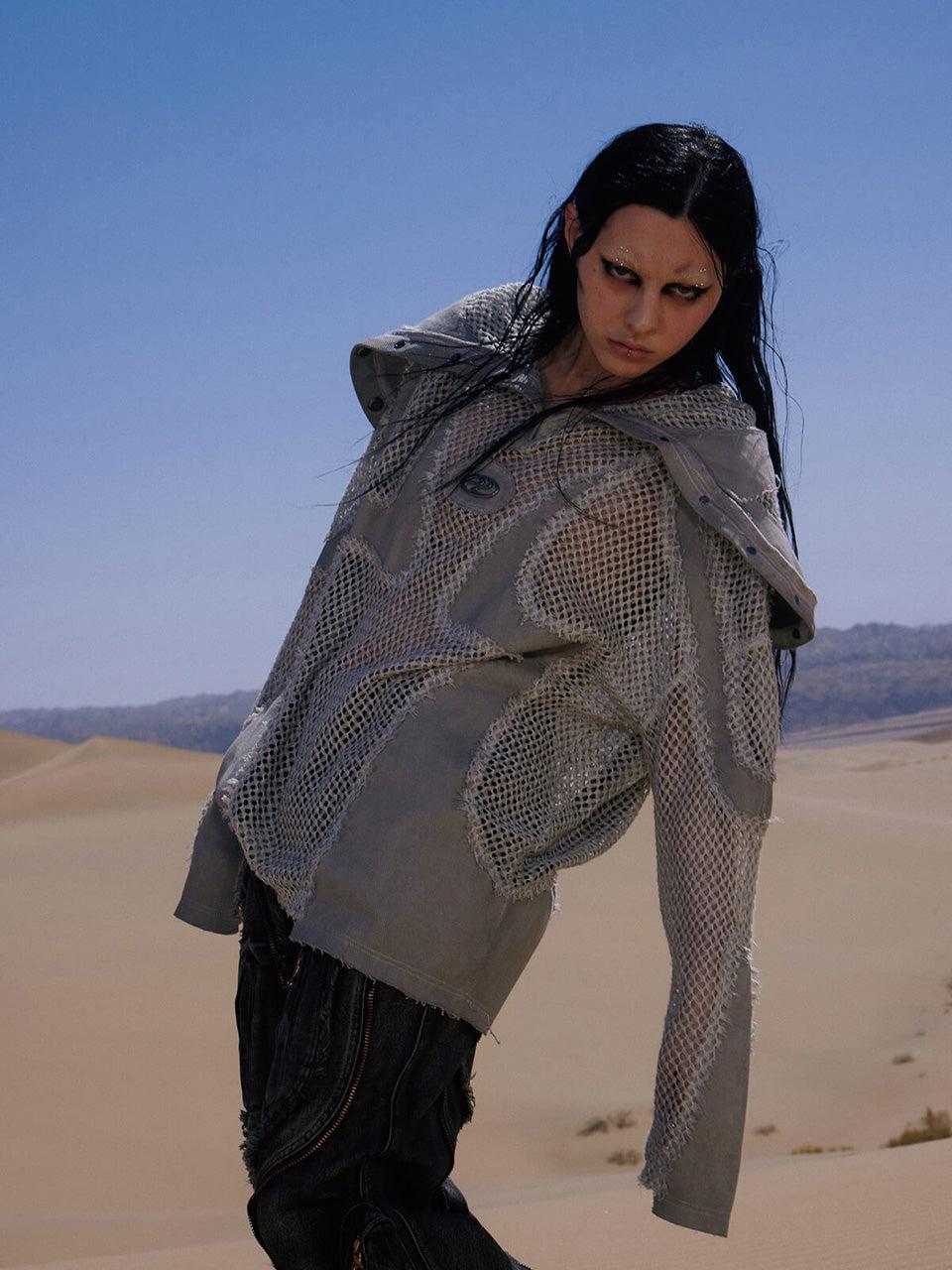 Split Mesh Hooded Long Sleeves Top
