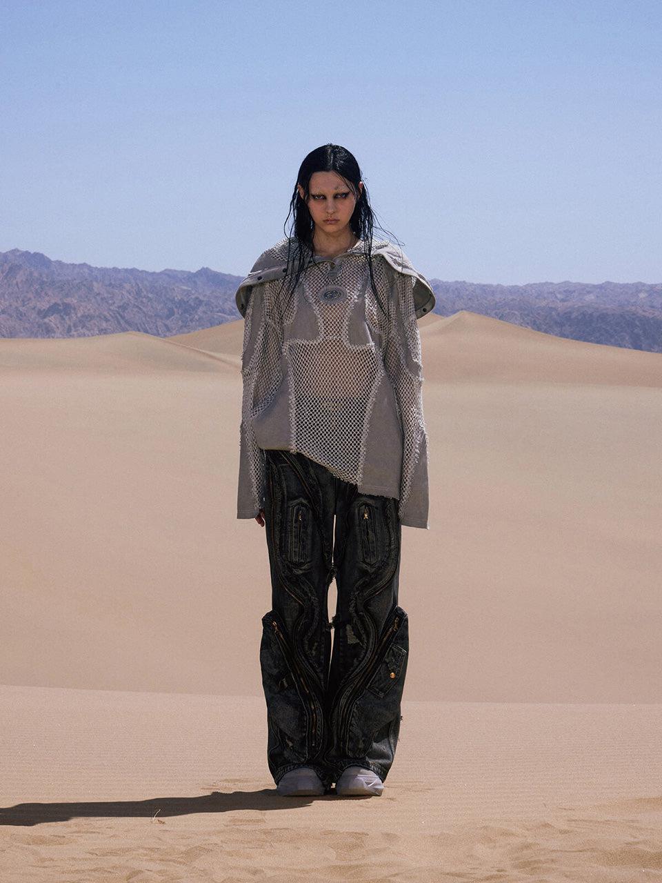 Split Mesh Hooded Long Sleeves Top
