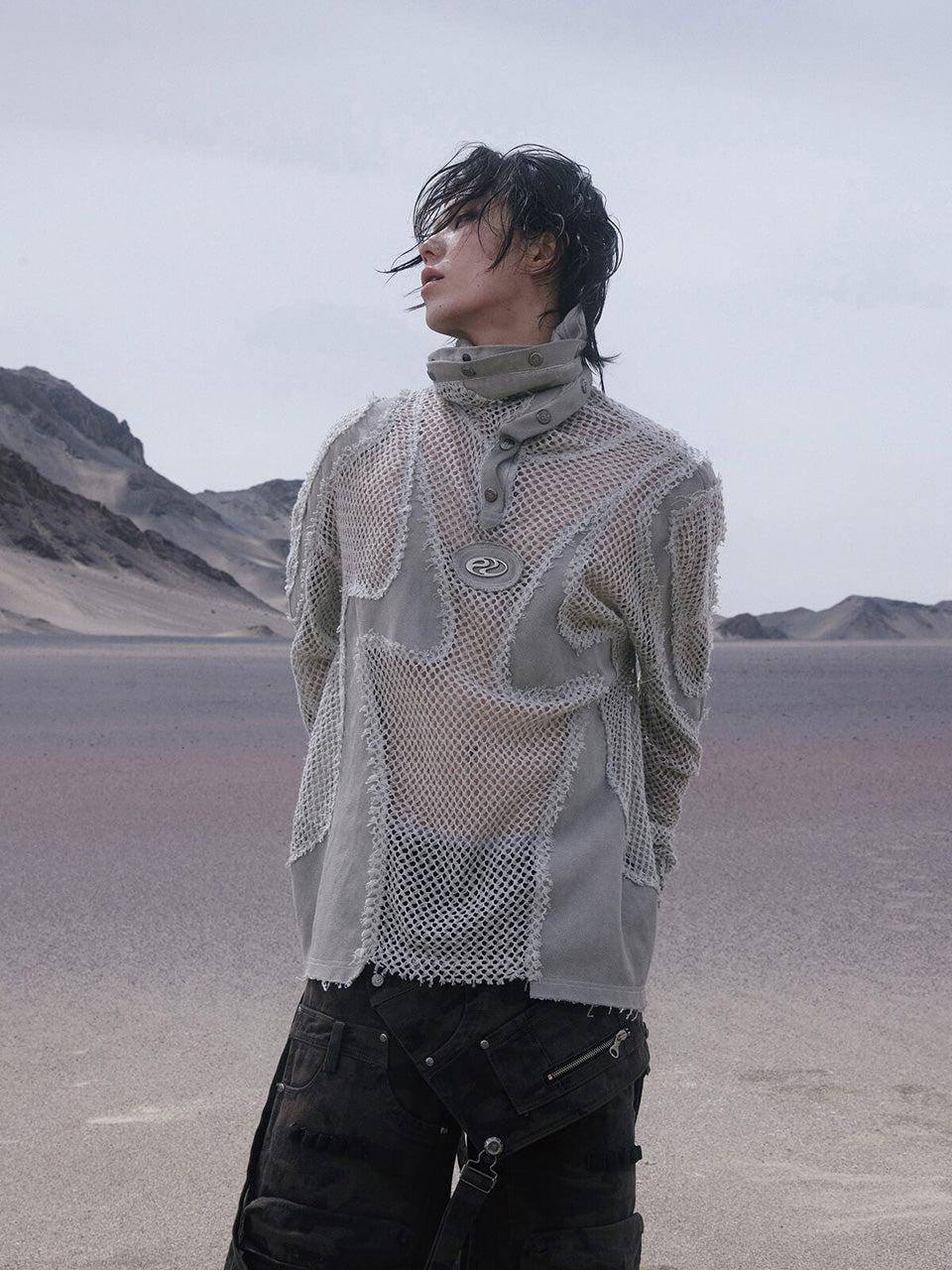 Split Mesh Hooded Long Sleeves Top