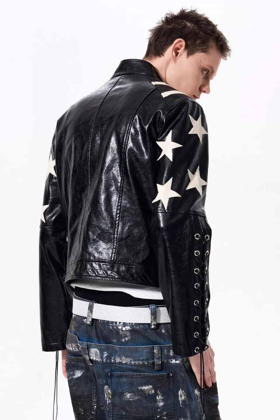 Star Embossed Lace Up Biker Jacket