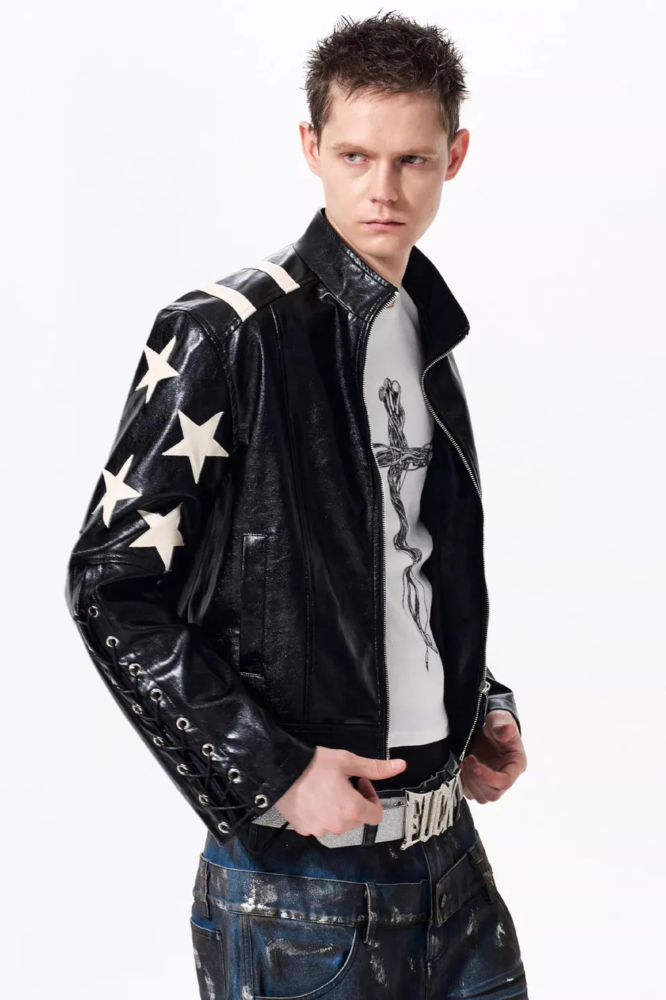 Star Embossed Lace Up Biker Jacket