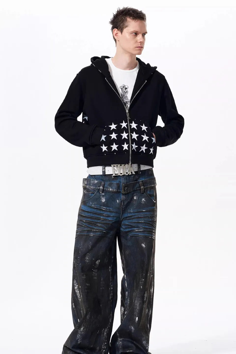 Star Print Zip Up Hoodie