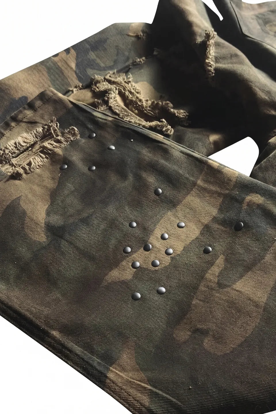 Studded Dirt Sprayed Camo Loose Trousers