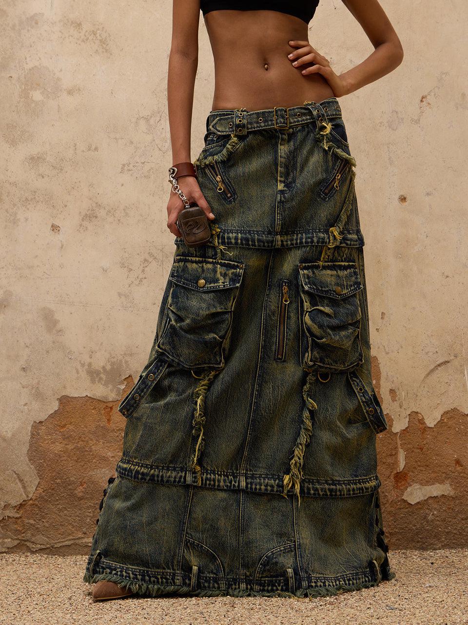 PERSONSOUL(パーソンソウル) - Three Stage Faded Maxi Denim Skirt