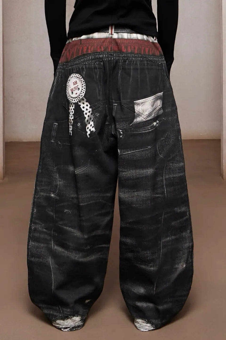 Triple Waist Graphic Wide Leg Denim Pants