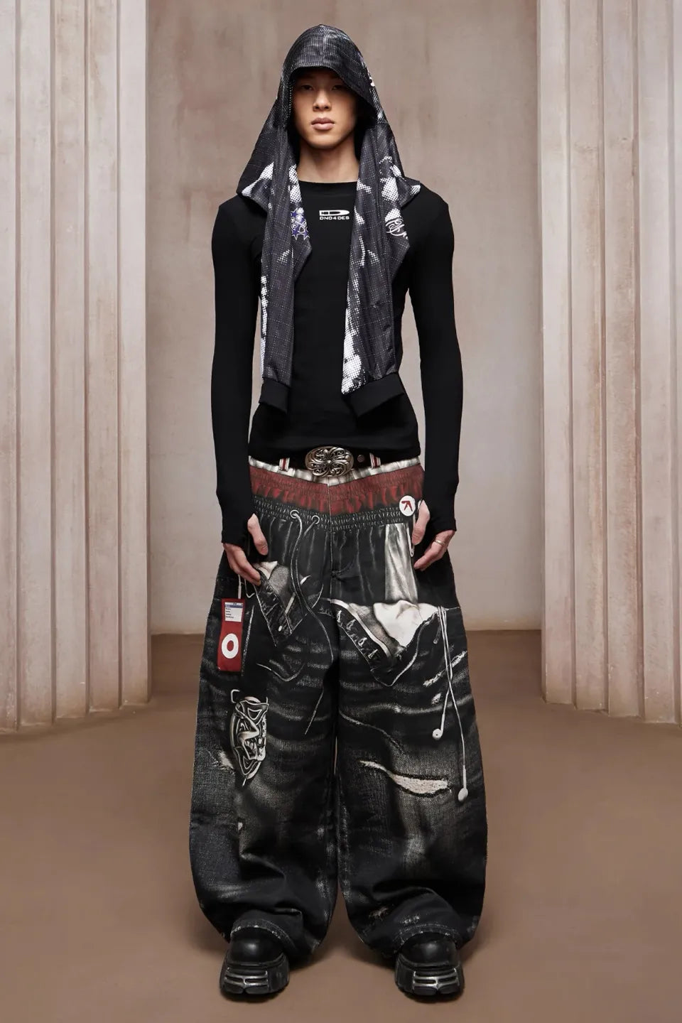 Triple Waist Graphic Wide Leg Denim Pants