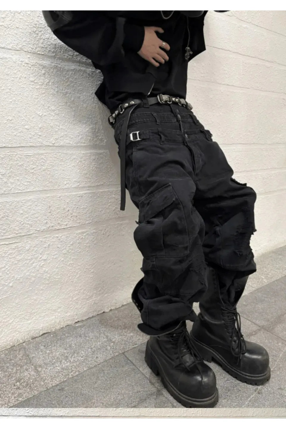 Triple Waistband Distressed Cargo Jeans