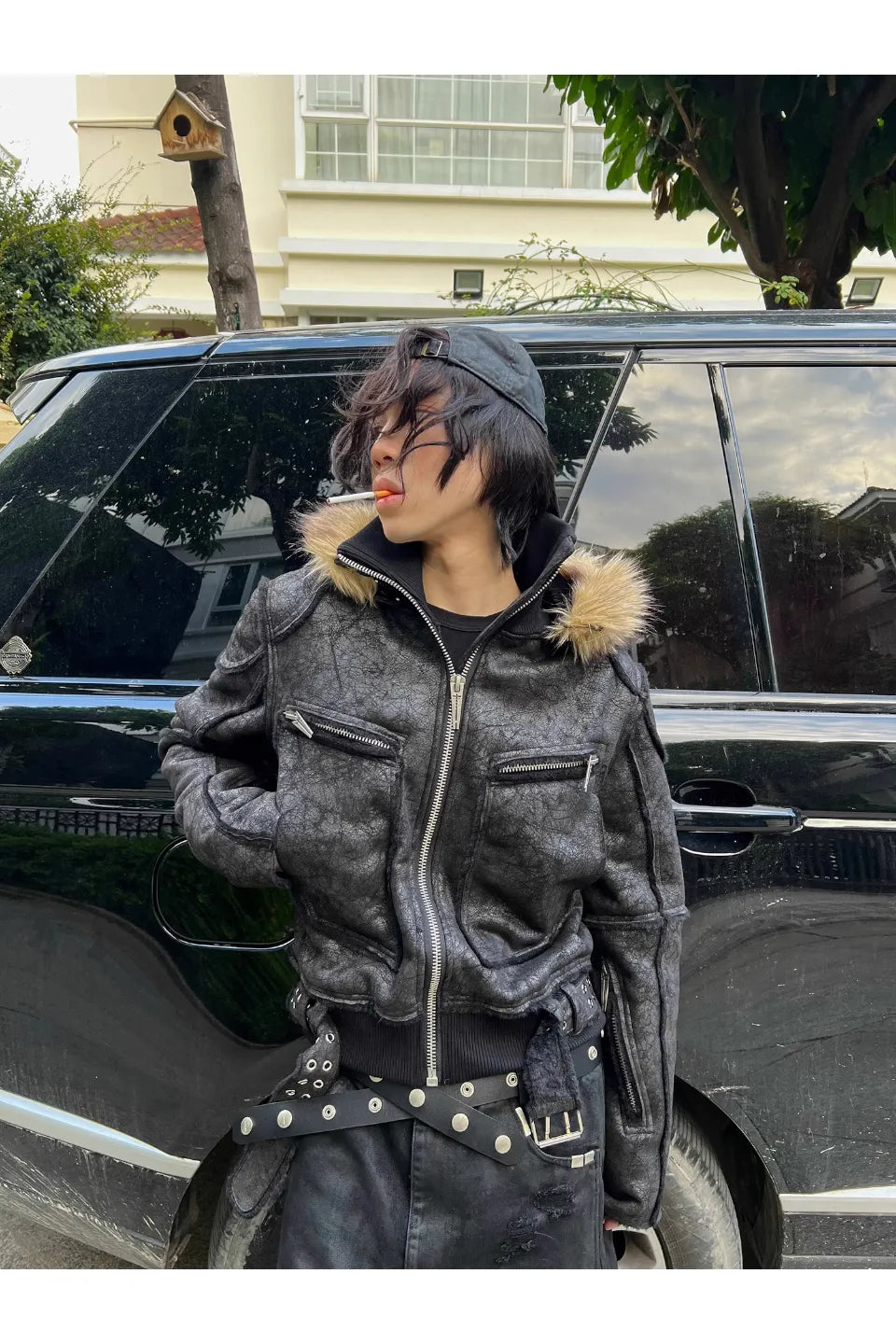 WØR Detachable Fur Collar Leather Jacket