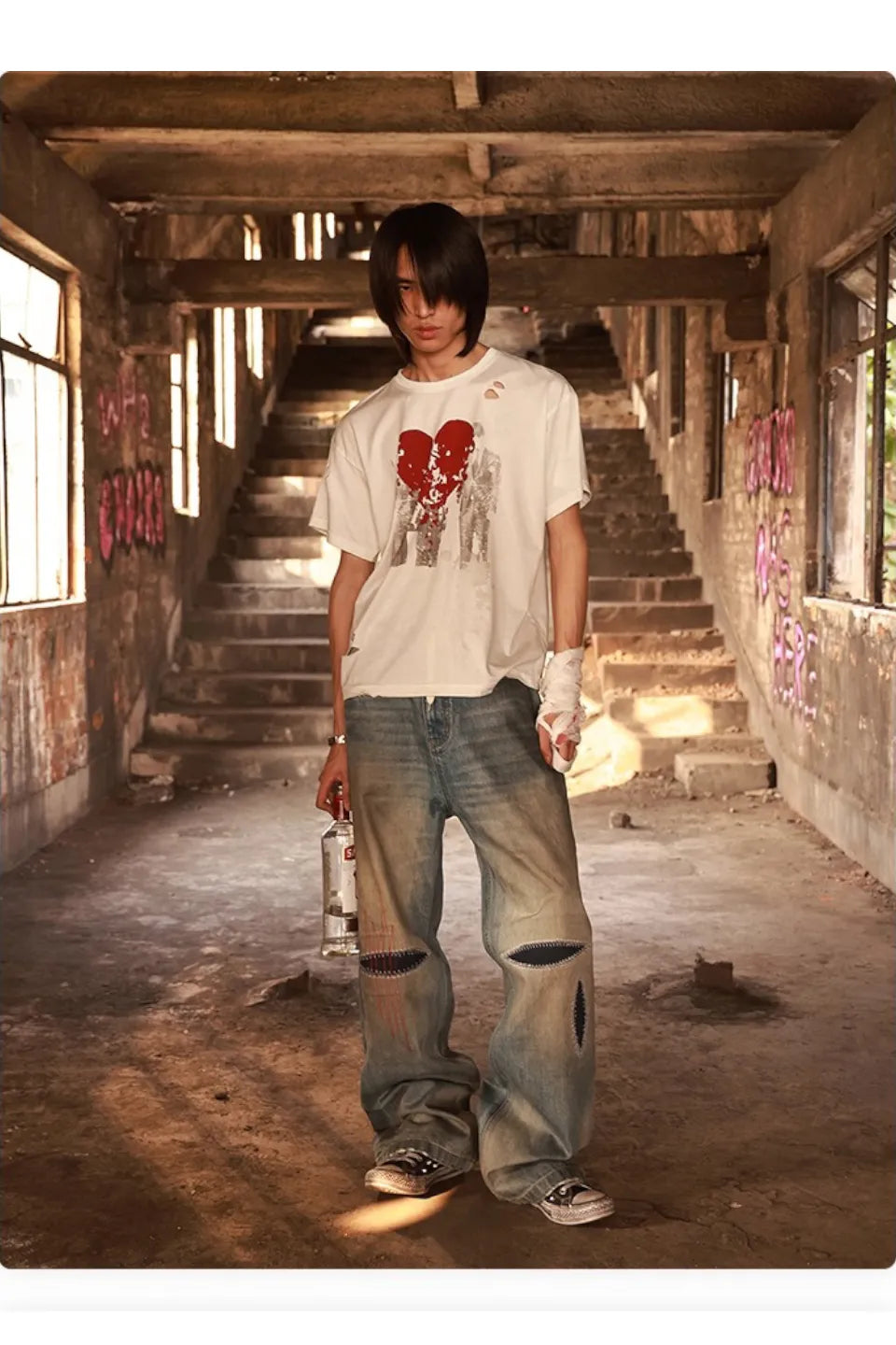 Washed Blue Straight Leg Wipe Dirty Jeans