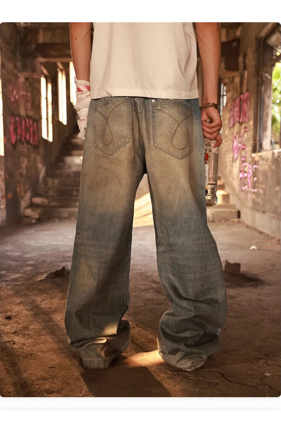 Washed Blue Straight Leg Wipe Dirty Jeans