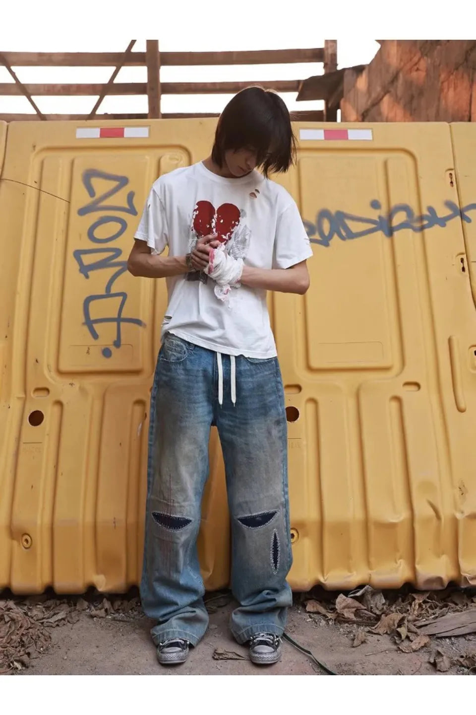 Washed Blue Straight Leg Wipe Dirty Jeans