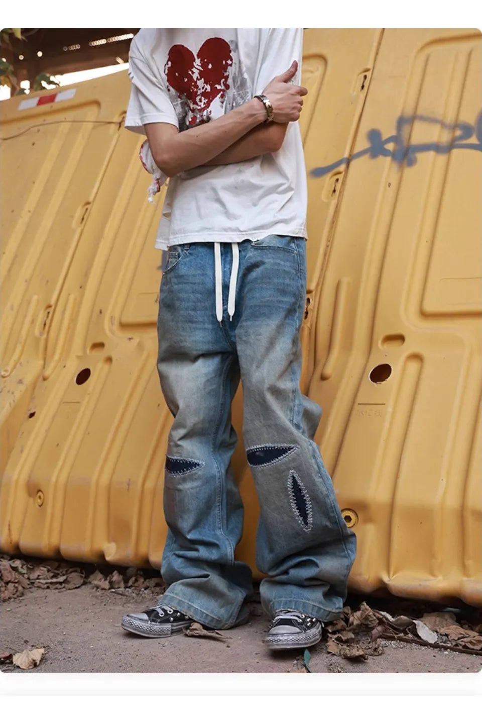 Washed Blue Straight Leg Wipe Dirty Jeans