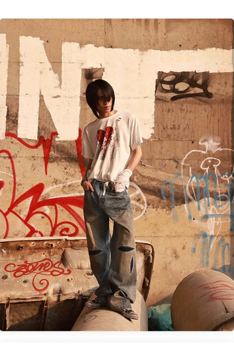 Washed Blue Straight Leg Wipe Dirty Jeans
