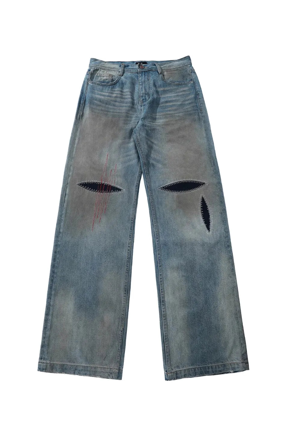 Washed Blue Straight Leg Wipe Dirty Jeans