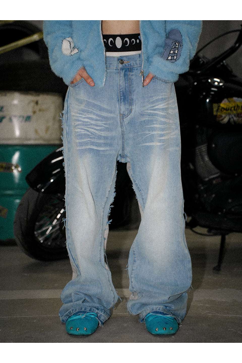 Washed Cat Whisker Denim Patchwork Sweatpants