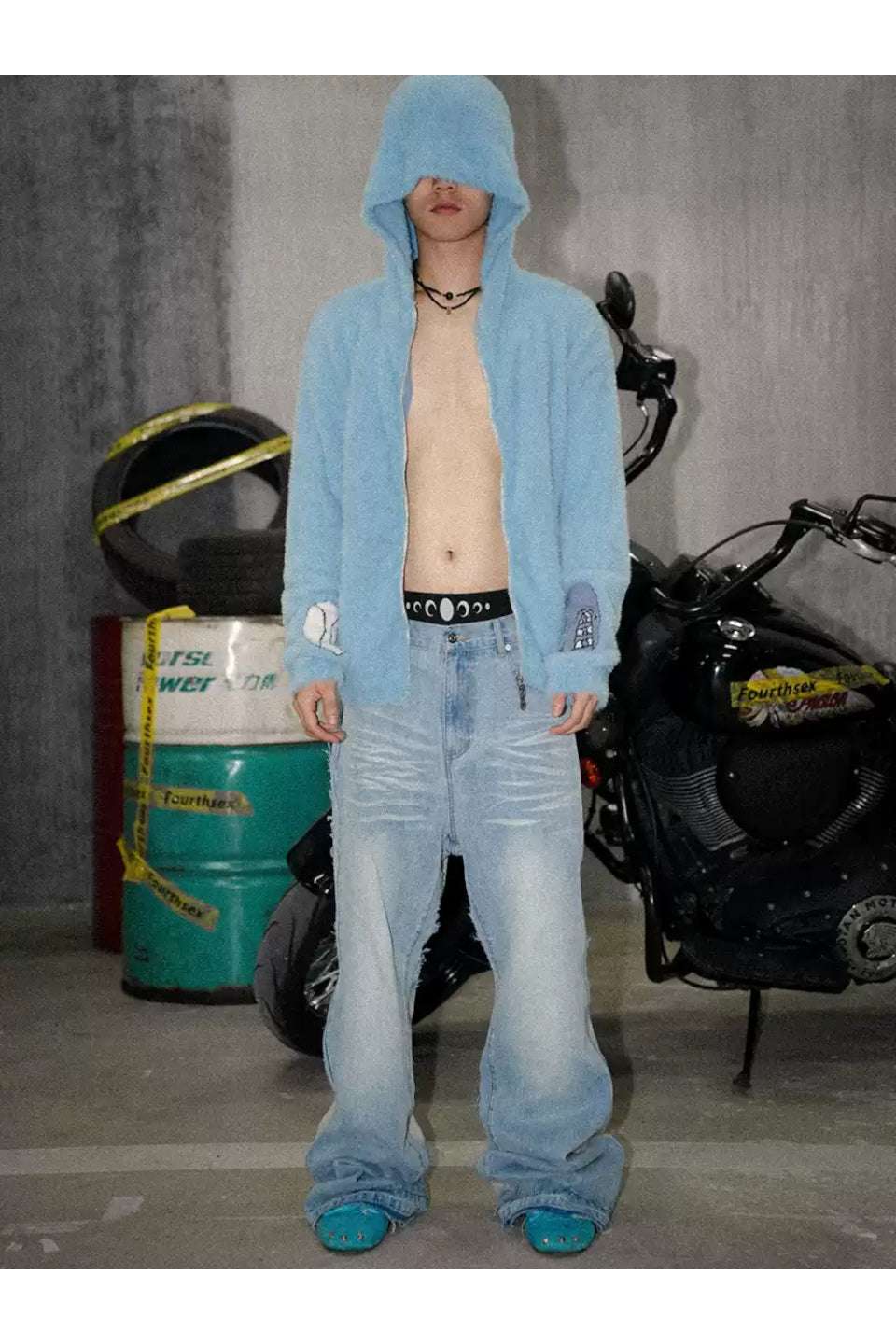 Washed Cat Whisker Denim Patchwork Sweatpants