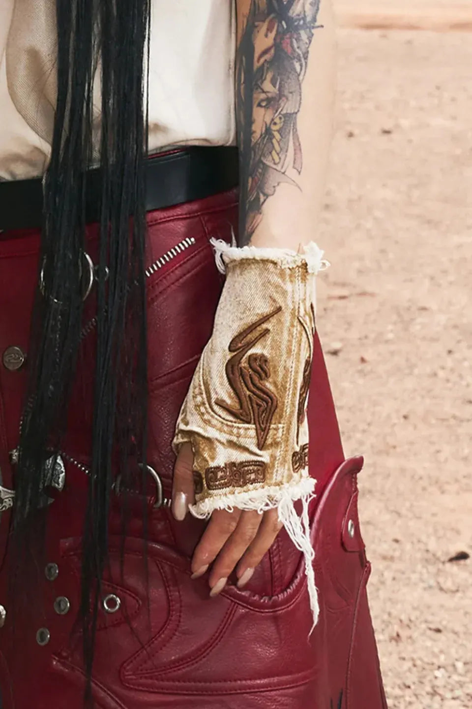 Washed Embroidered Denim Gloves