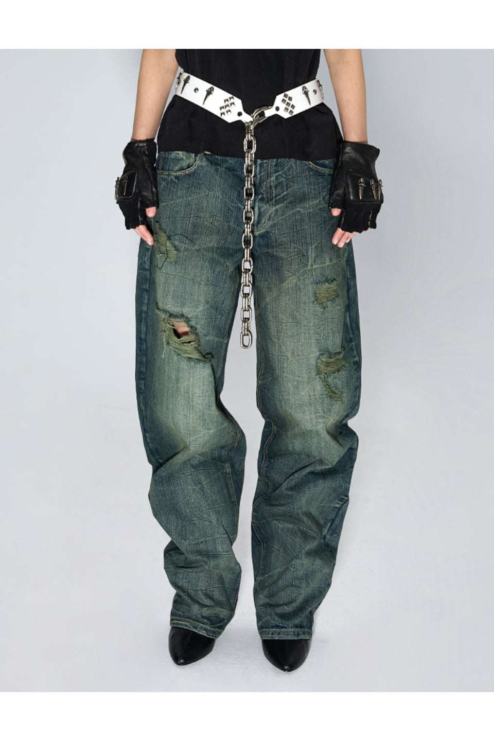 Wave Pattern Curved Blade Denim Pants
