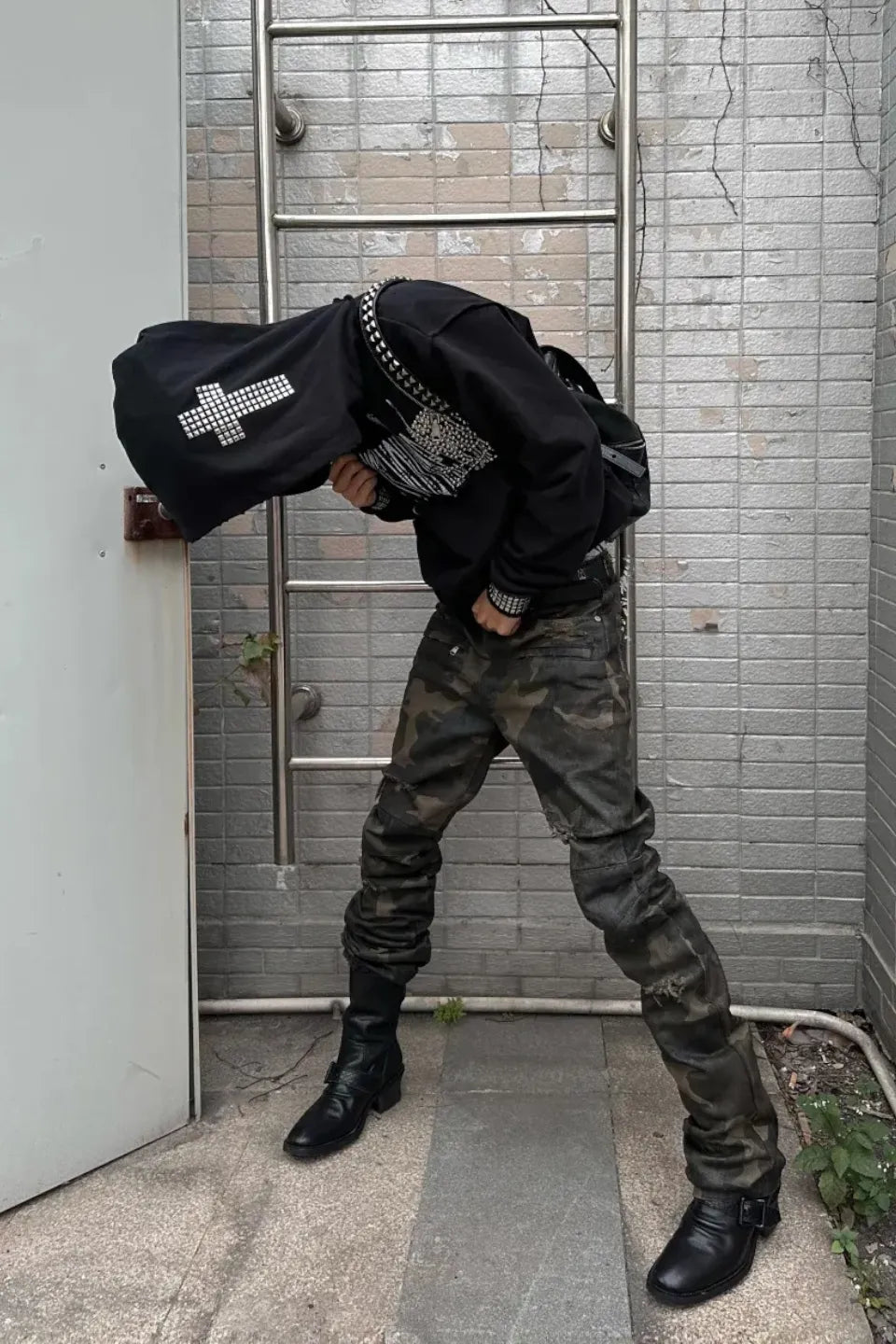 Wax Coated Camo Distressed Jeans