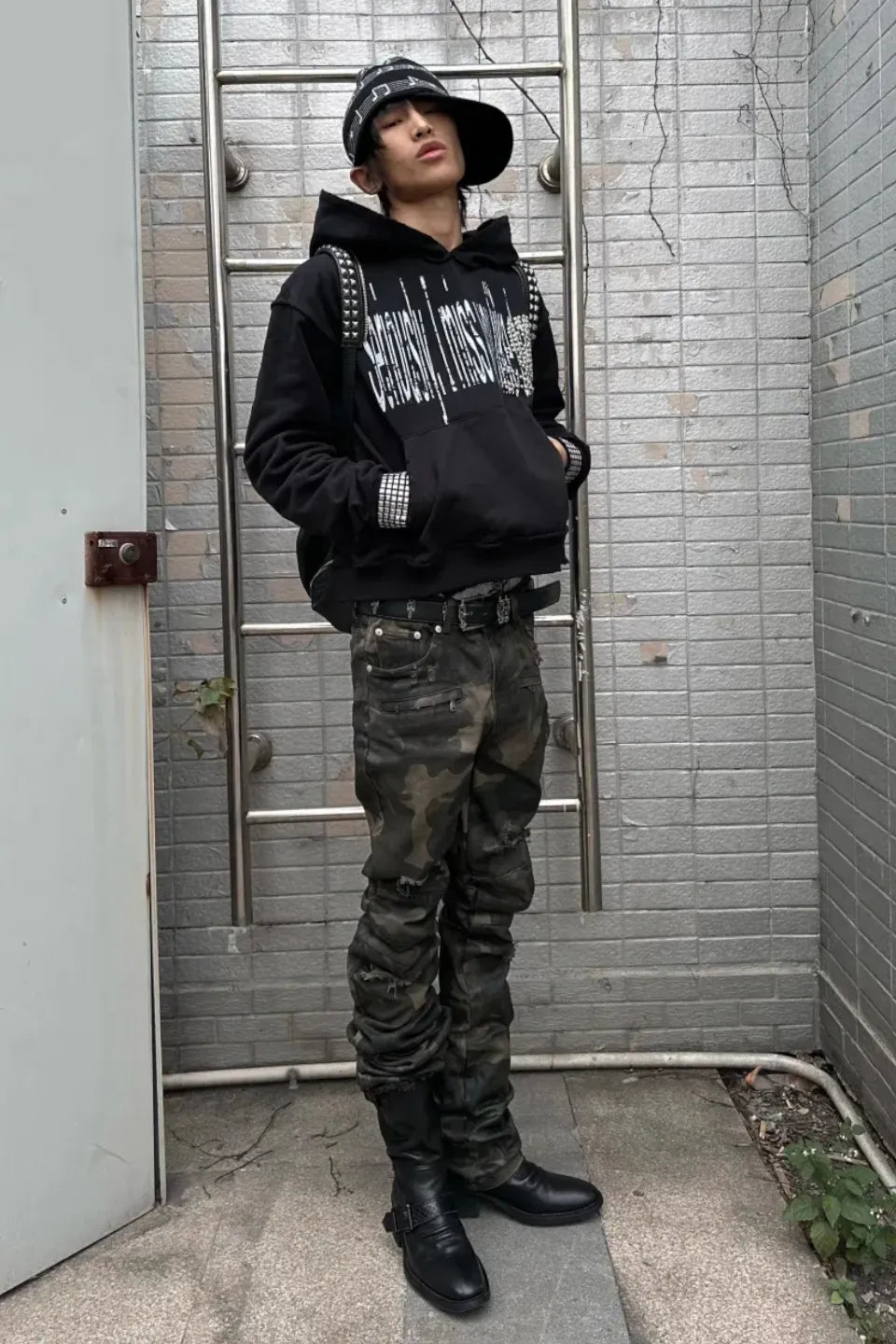 Wax Coated Camo Distressed Jeans