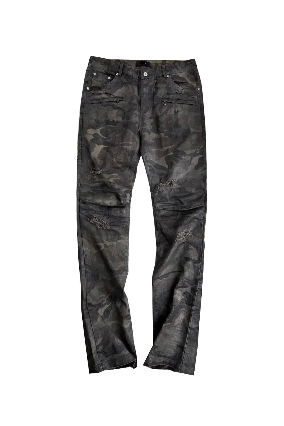 Wax Coated Camo Distressed Jeans