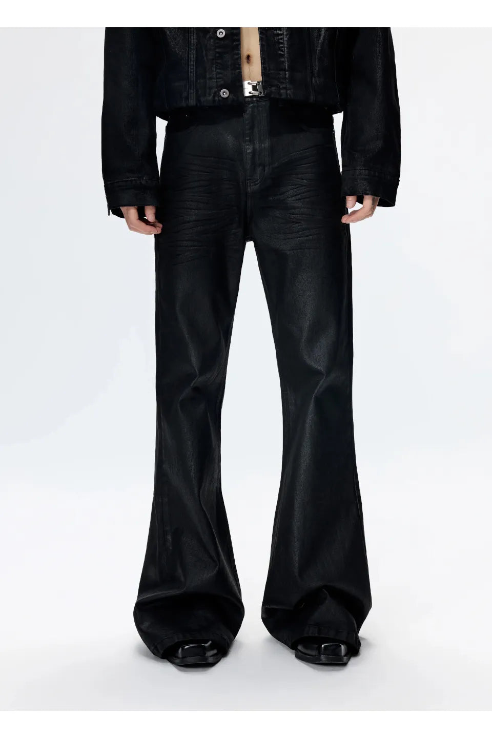 Waxed Flare Denim Trousers