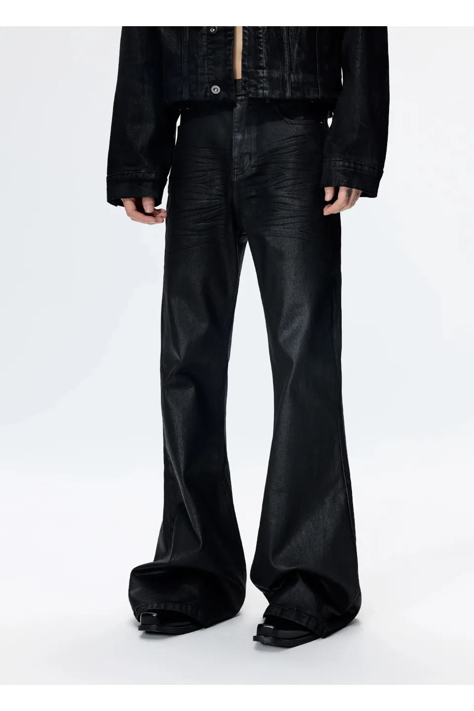 Waxed Flare Denim Trousers