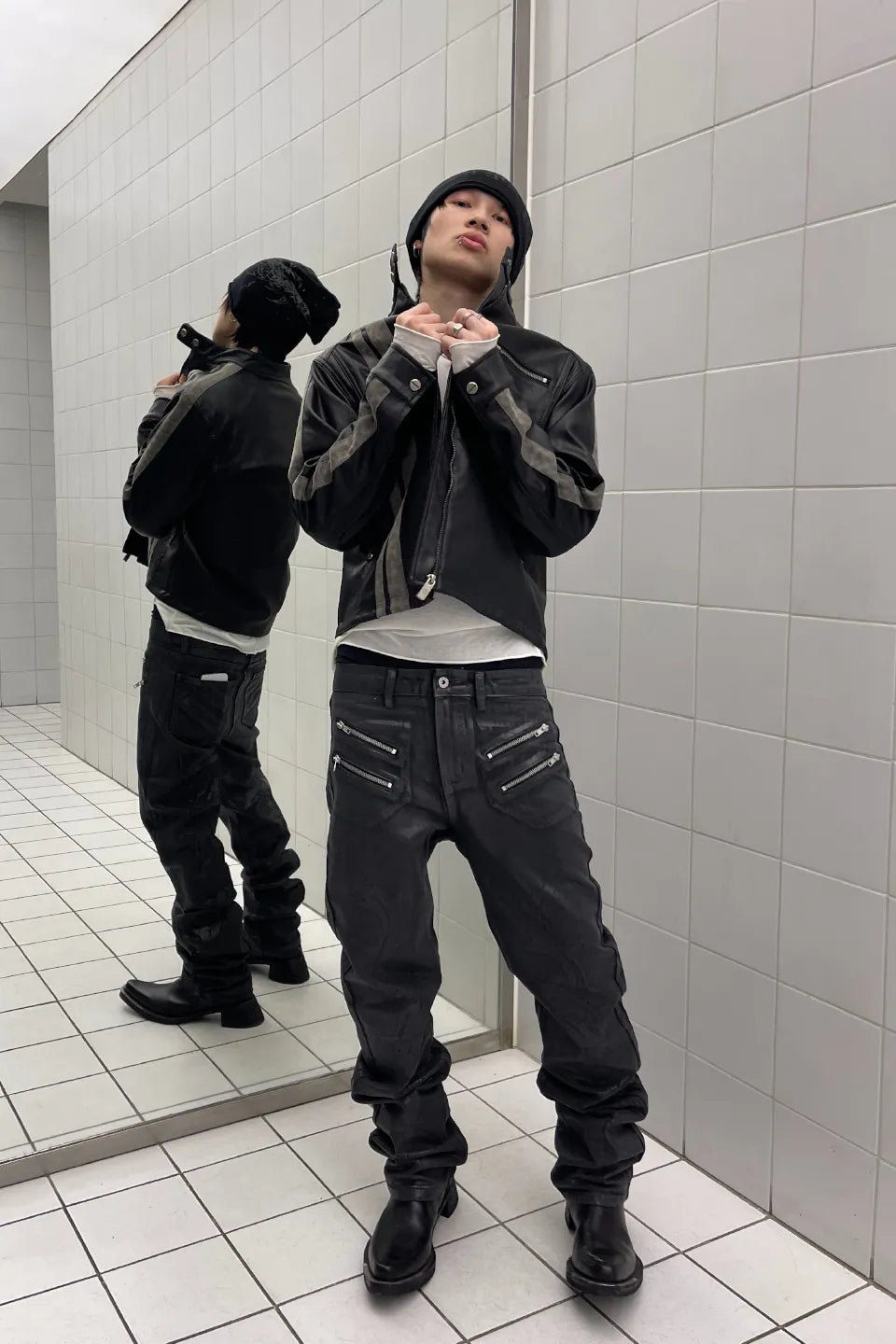 Waxed Rubber Coated Embossed Jeans