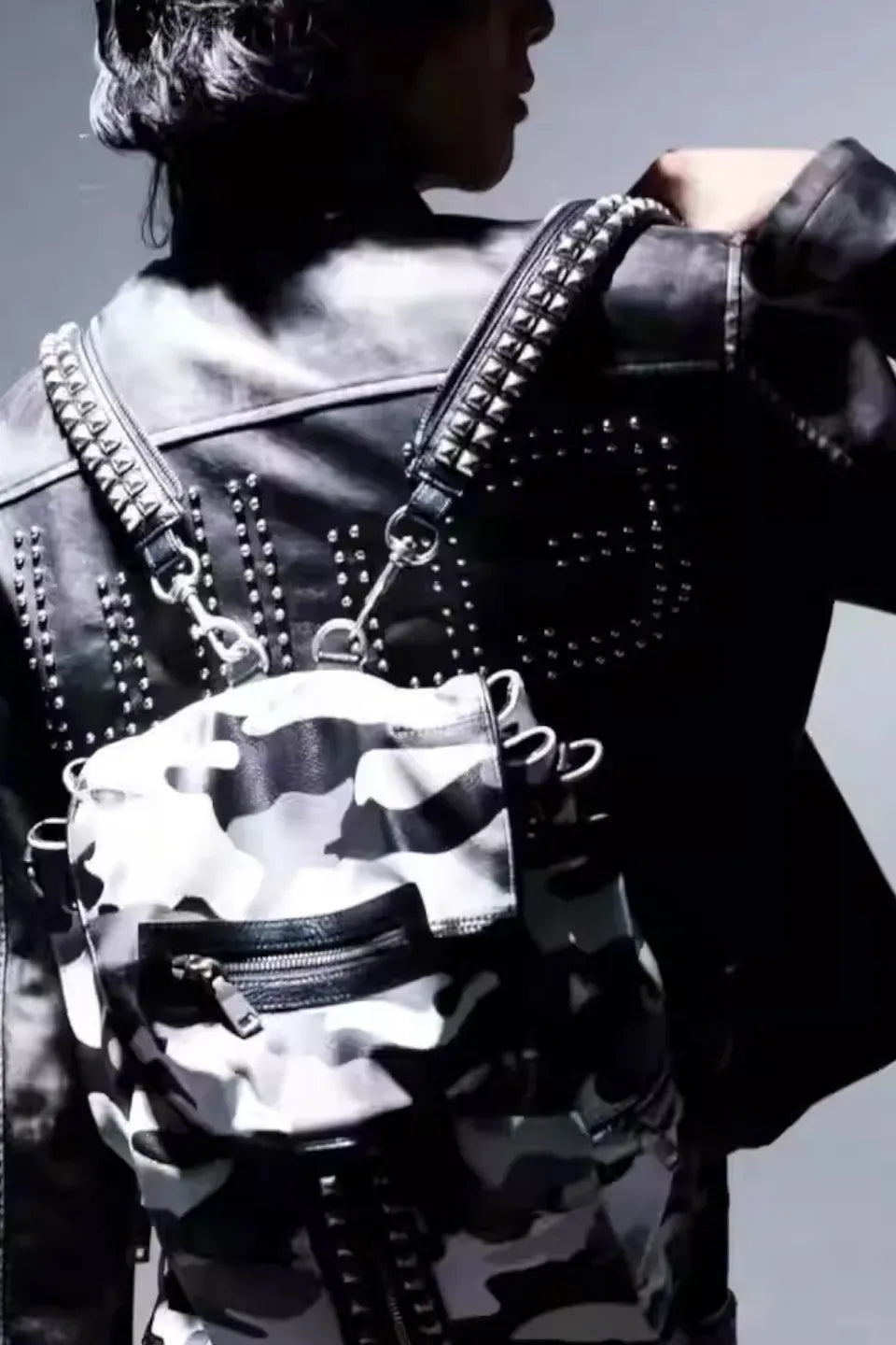 White Camo Rivet Zipper Backpack