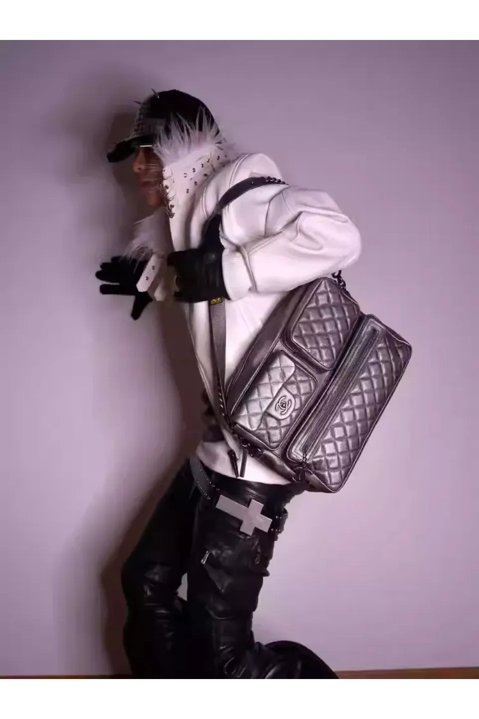 White Devil Fur Collar Leather Jacket