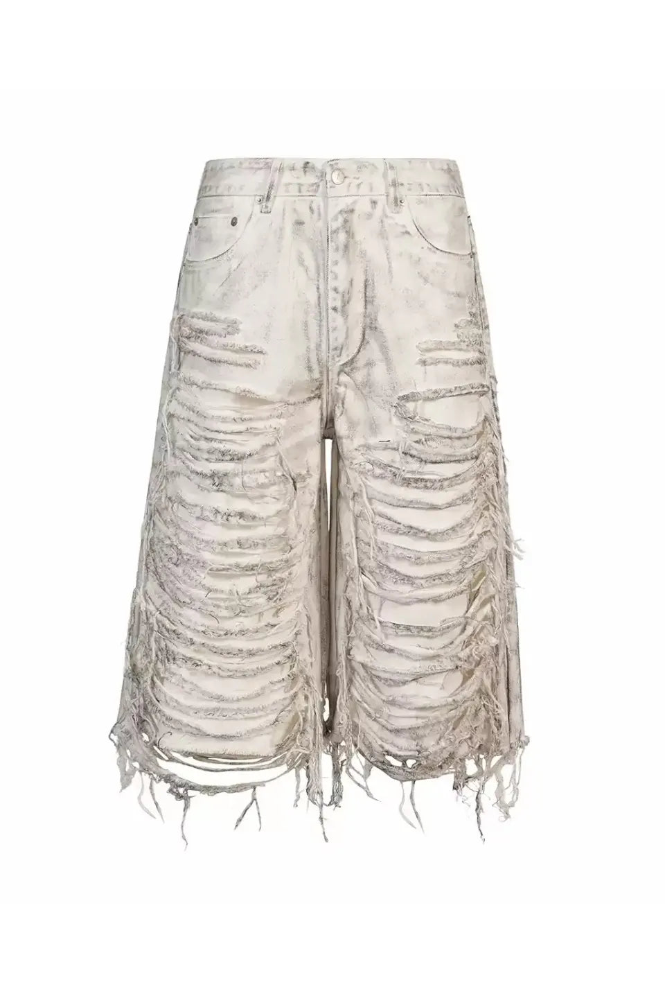White Waxed Shredded Cutout Shorts