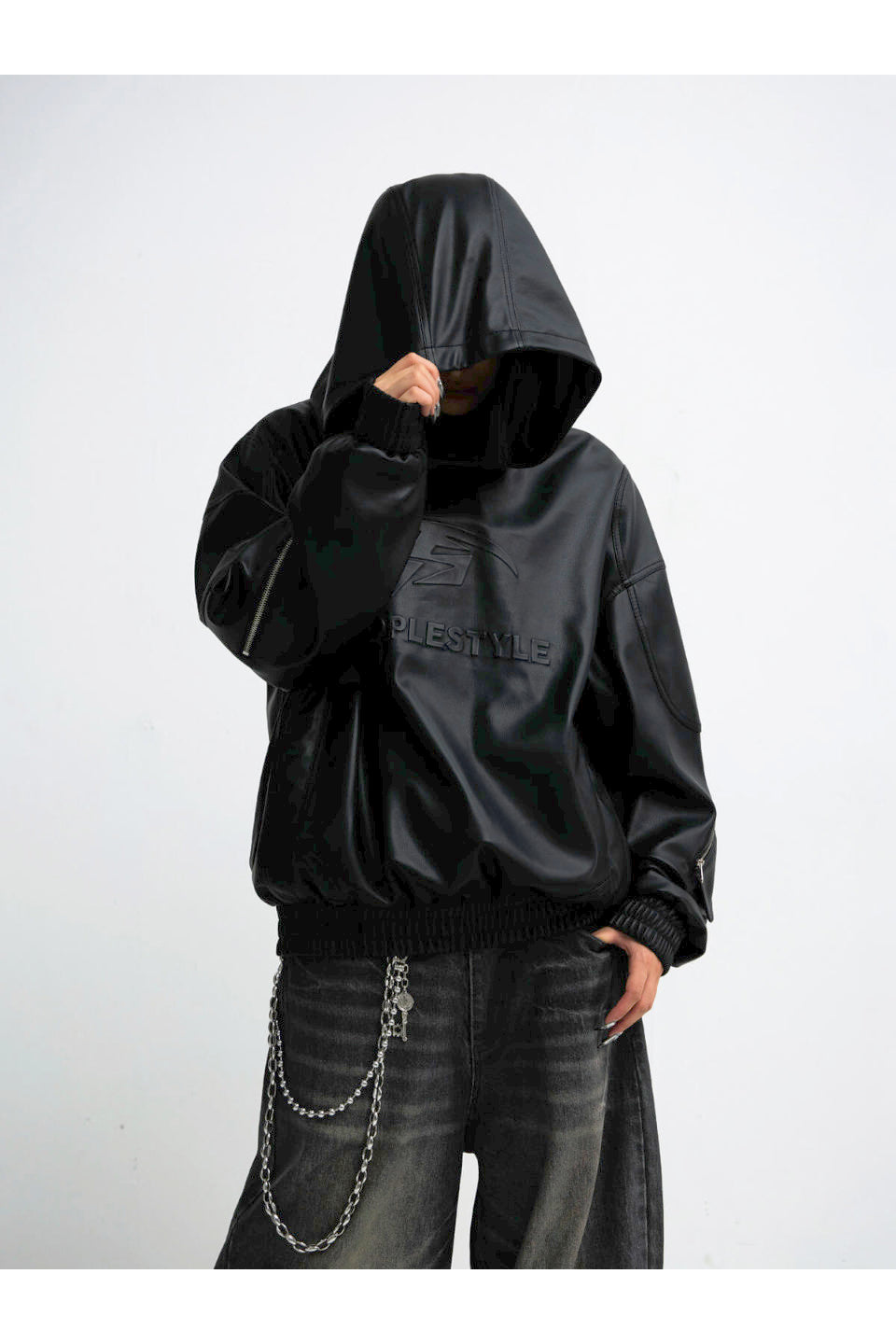 3D Embossed Faux Leather Hoodie