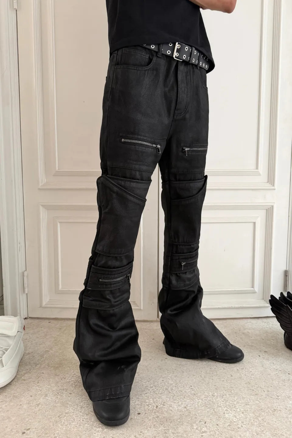 Asymmetric Deconstructed Waxed Flare Denim
