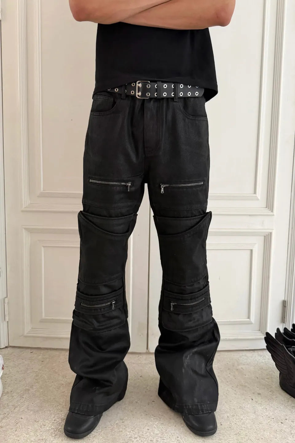Asymmetric Deconstructed Waxed Flare Denim