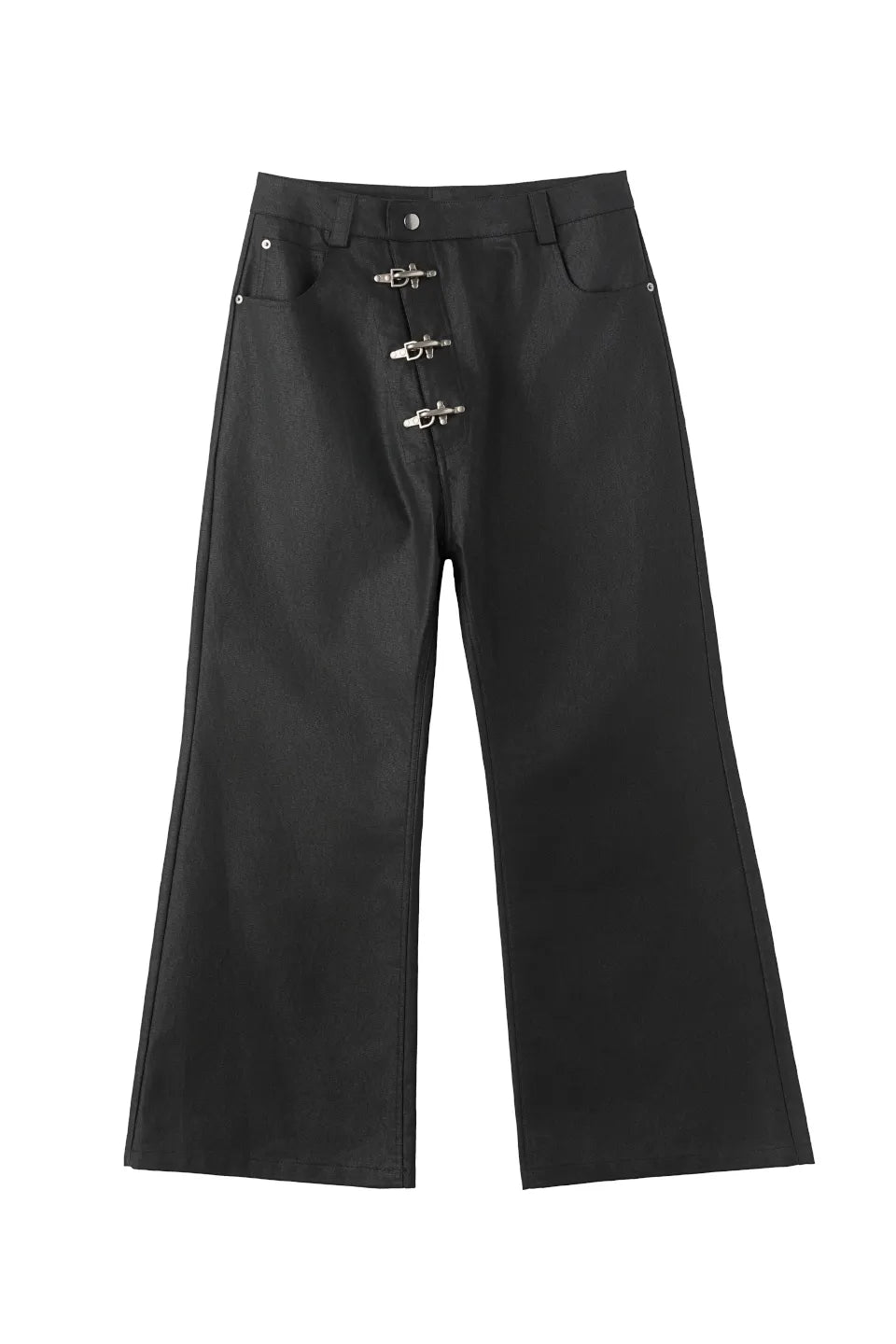 FRKM SCD Aviator Buckle Waxed Denim - 膝にバックルが配されたブラックワックスコーティングデニム正面