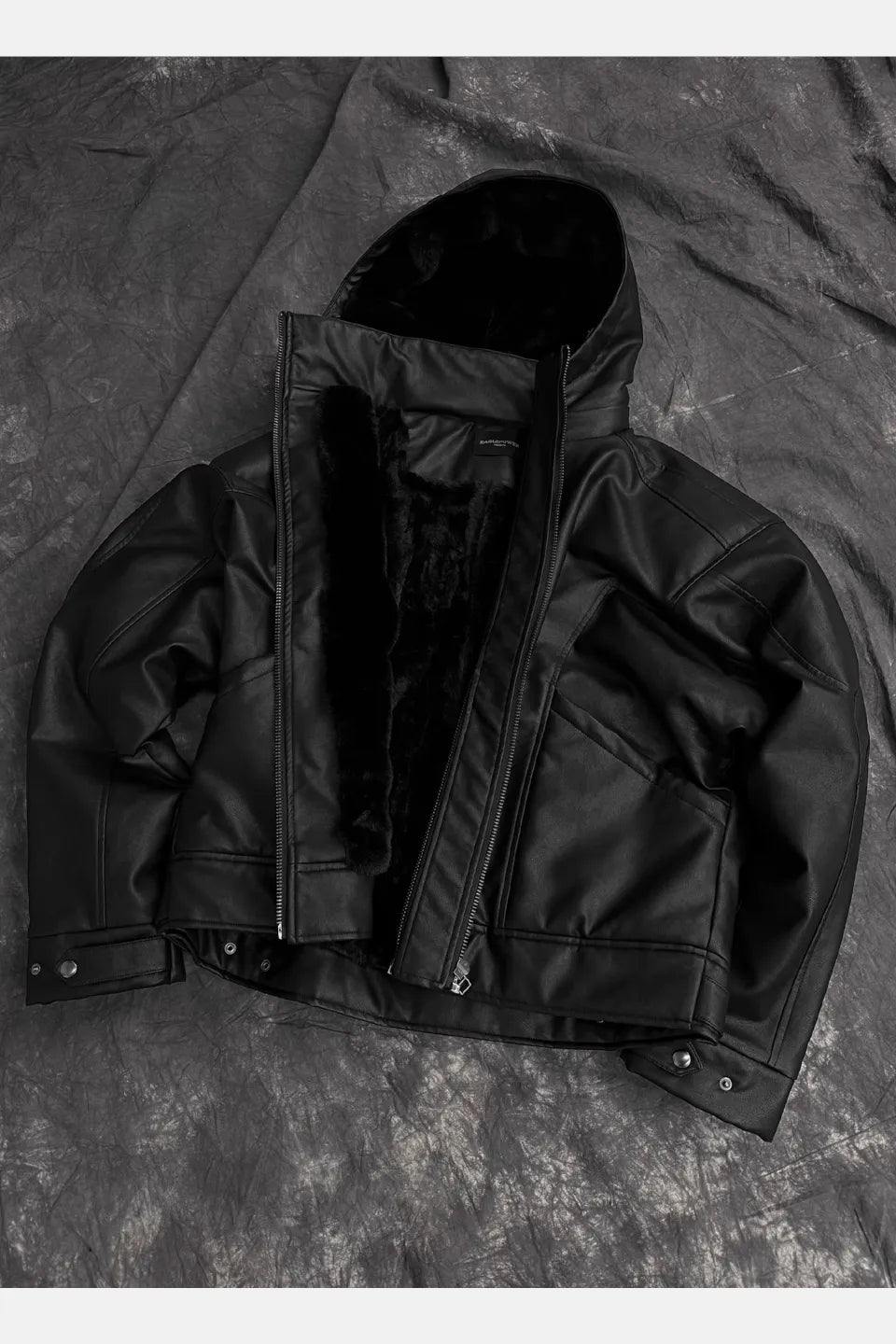 Back Hidden Detachable Double Zipper Angora Rabbit Fur Armor Leather Jacket